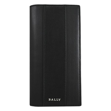 BALLY 6307895 LALIROS 浮雕LOGO質感條紋直式對開長夾.黑