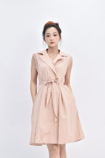 (S) hazzys質感無袖翻領粉色綁帶洋裝