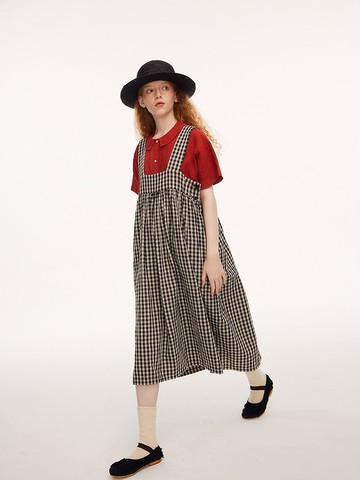 經典黑白格棉麻寬背帶文藝休閒背心裙