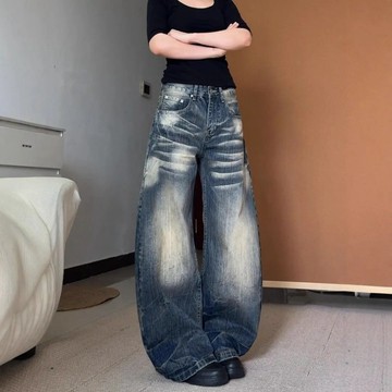 【吉野姐姐】S-4XL 大尺碼牛仔褲 美式做舊高街水洗彎刀牛仔褲女 高腰寬松闊腿褲 拖地褲 彎刀褲 廓形 長褲 落地褲