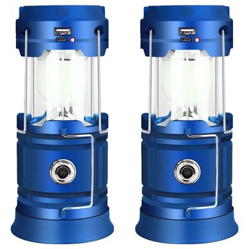 新錸家居 三代升級可拆換18650鋰電池 LED太陽能COB伸縮露營燈 2入 掛勾設計 攜帶方便 USB充電  藍色  1組