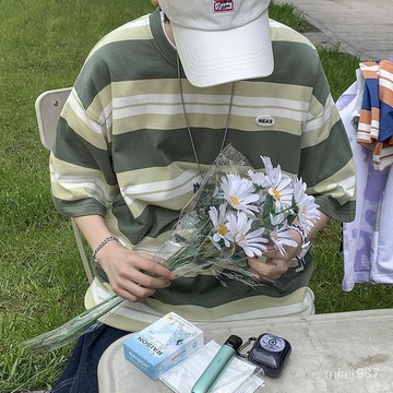 夏季新款日係條紋短袖T恤男寬鬆潮流半袖上衣港風百搭潮牌體恤衫 X1TC