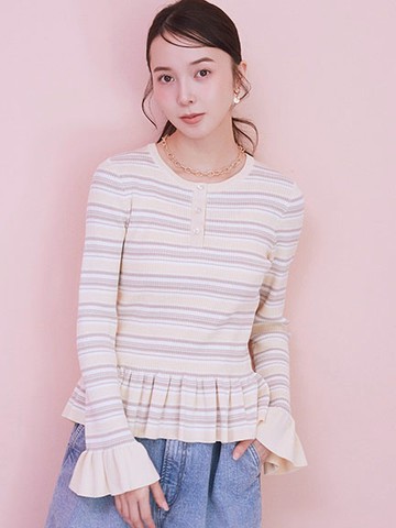 撞色橫條紋荷葉下擺喇叭袖針織上衣(01001268300) - earth music&ecology