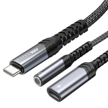 CODEWAY USB-C轉3.5mm耳機孔 + Type-C 高效充電雙孔轉接器  單一商品  灰色  1條