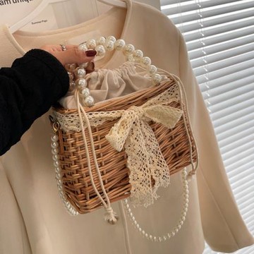 網紅草編包包女夏2025新款流行珍珠鏈條斜挎包沙灘編織手提小方包