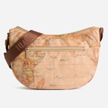 Alviero Martini 義大利地圖包 超輕量尼龍 弧型休閒側背包33cm-地圖黃x咖啡色