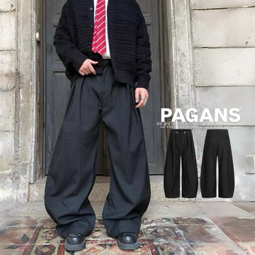 【PAGANS STORE】韓國 直條紋 特殊 鈕扣 造型 闊腿 寬管 西裝 彎刀褲 西裝褲 彎刀 長褲