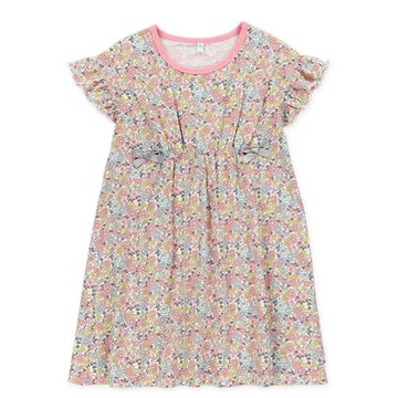 日本西松屋 - 滿版印花小荷葉短袖洋裝-碎花-粉紅