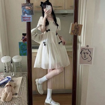 【壹禾YIHOO】初戀裙復古溫柔風方領泡泡袖白色裙子女夏學生茶歇法式桔梗連衣裙