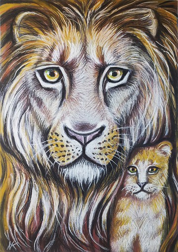 獅子肖像和幼崽油畫原作動物原畫藝術品