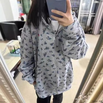 美式碎花滿印連帽衛衣女春秋冬加厚寬鬆慵懶風oversize開衫外套潮