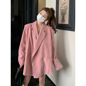 高級設計感粉色金絲絨西服外套女士春秋韓寬松休閑網紅小西裝大碼