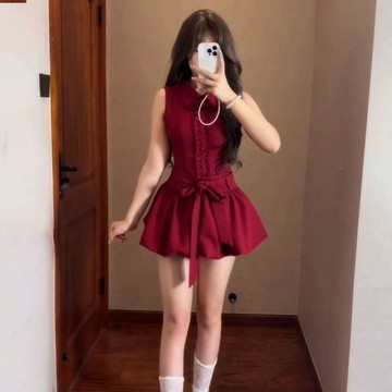 7863 位鐵粉👍甜美蝴蝶結繫帶無袖花苞連衣裙女夏系小個子高級感氣質背心裙BN6T