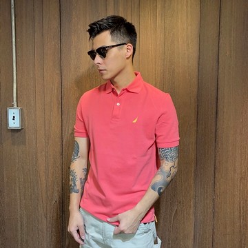 美國百分百【全新真品】Nautica Polo衫 休閒衫 短袖 上衣 帆船 素面 網眼 男 珊瑚紅 A212