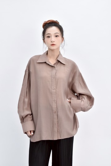 (L) mouggan質感長袖棕色襯衫上衣