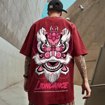 新款短袖男潮國潮中國風胖子男裝潮牌醒獅T恤寬松潮流大碼半袖夏