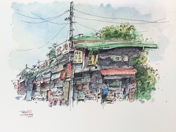 街角小店/手繪原創淡彩畫/含畫框