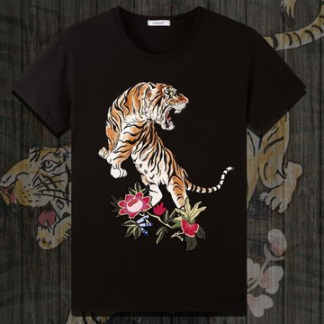 中國風短袖t恤男裝老虎頭圖案印花情侶裝寬松大碼流行純棉半袖