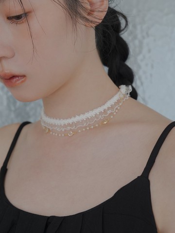 綿月。MUCHAT手作14KGP水晶珍珠刺繡蕾絲項鍊