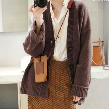 2024春季新款重磅廓形加厚寬松羊絨開衫女V領慵懶風毛衣針織外套