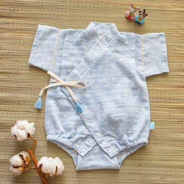 [my little star] 職人手作 天空藍棉花糖有機棉二重紗甚平 和服 包屁衣