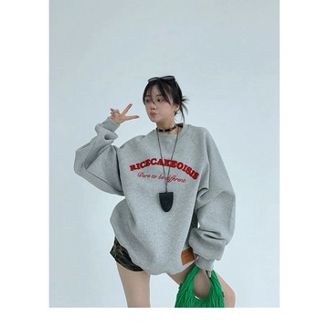 【RICECAKE & OISIS】美式復古 字母刺繡 圓領上衣 高級感 百搭 oversize 衛衣 女