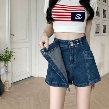 梨型牛仔短褲女夏季新款大碼微胖高腰寬鬆小個子顯瘦a字褲裙 高腰牛仔褲裙 a字裙 甜辣裙 女生裙子 牛仔短裙 包臀裙