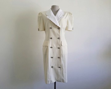 復古女款雙排扣短袖口袋黃色鉛筆裙式洋裝 S