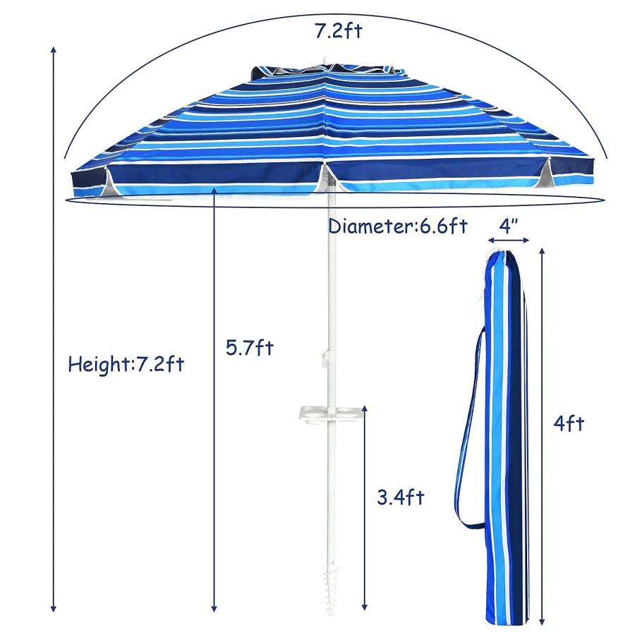 Tangkula 7.2 FT Beach Umbrella, Portable Beach Sunshade Umbrella W Sand Anchor, Tilt Mechanism, Sturdy Rib, Premium Steel Pole ＆ Carrying Bag, Fold