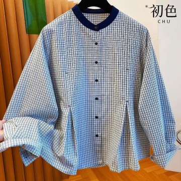 初色 復古寬鬆圓領格紋長袖單排扣襯衫上衣女上衣-格子-14871(M-2XL可選)