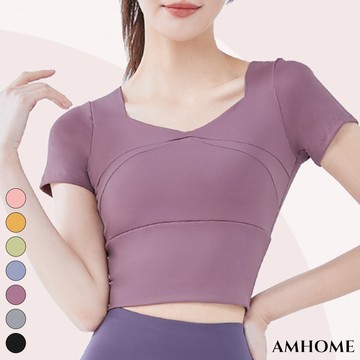 【Amhome】V領瑜伽運動速乾帶胸墊跑步緊身裸感透氣健身短袖短款上衣# 114101(現貨+預購)