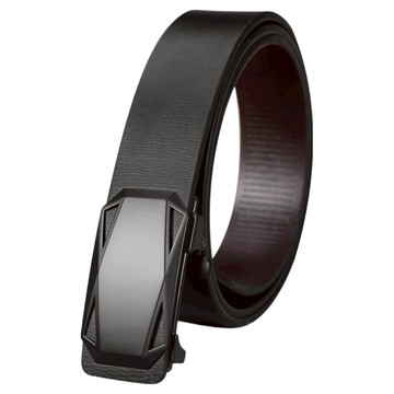 本革職人 男仕極簡薄型金屬霧感免鑽孔伸縮自動扣真皮皮帶 鏤空多角款  黑色  130m