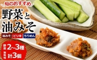 野菜と油みそのセット(旬の野菜2～3種・油みそ3種、ちりめん、油みそ、ピリ辛×各1個)