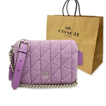 【COACH】絎縫菱格紋鏈帶肩背斜背兩用馬鞍包附紙袋(紫)