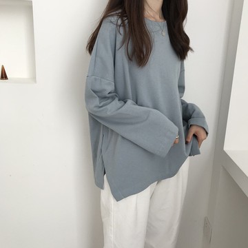 ins純色長袖t恤女2019新款秋季韓版chic學生寬松開叉上衣打底衫潮