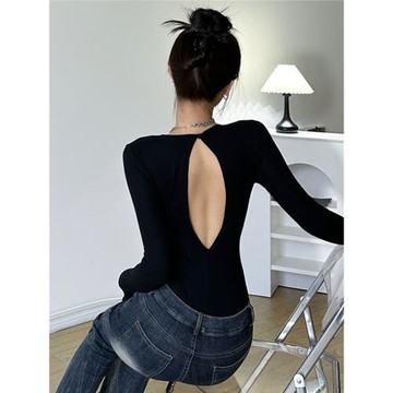 gagaopt 基礎款純色簡約百搭棉質長袖連體衣辣妹露背修身打底T恤