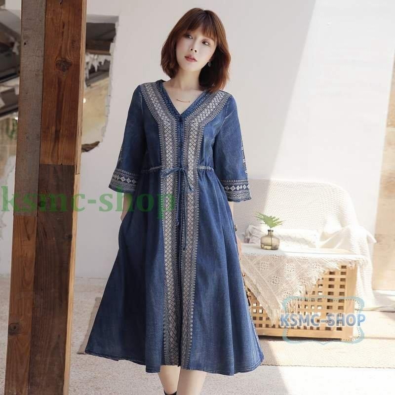 デニムワンピース レディース 刺繍ワンピース レトロ 半袖 ひざ丈ワンピース カジュアル Vネック 刺繍 花柄 マキシドレス ロング丈 夏 通販 Lineポイント最大get Lineショッピング