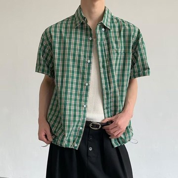 男士襯衫 大尺碼襯衫 日系復古格紋格子短袖襯衫男女26夏季痞帥寬鬆通勤襯衣0812