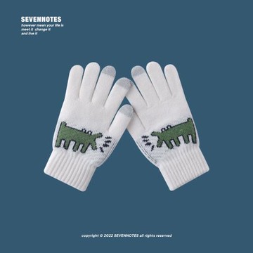 SEVENNOTES秋冬針織手套白色分指可觸屏五指手套河馬情侶保暖騎行