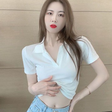 3色 polo領法式冰絲針織開胸上衣設計感小眾修身高腰短款V領短袖t恤女