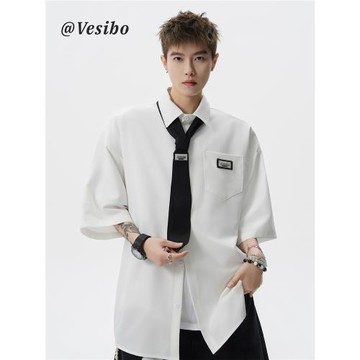 學院風冰絲白色短袖襯衫男春季美式潮牌領帶防曬襯衣涼感貼標上衣