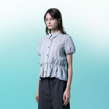 細格紋泡泡襬襯衫