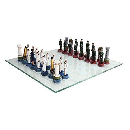 US Army vs Navy Military Chess Set Hand Painted with Glass Board