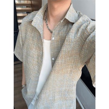 肌理感泡泡紗提花格子襯衫男女夏季輕薄透氣速干防曬短袖襯衣上衣