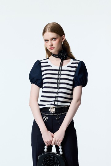 海軍藍鑲剪接異材質上衣