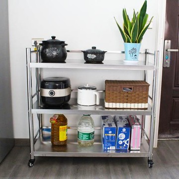 加厚304三層護欄不銹鋼廚房置物架陽臺收納架微波爐烤箱架可移動