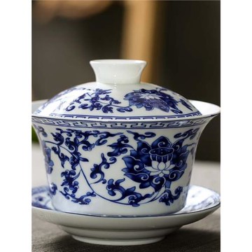 蓋碗超大號青花陶瓷功夫茶具三才杯玉瓷白敬茶碗杯家居擺件