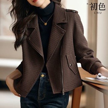 初色 毛呢短款夾克保暖翻領長袖外套女外套-深棕色-38622(M-2XL可選)