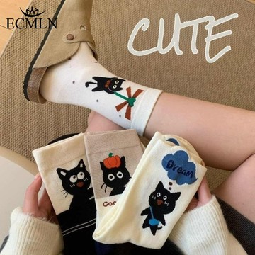 ECMLN 1/4雙春秋可愛卡通黑貓棉襪休閒百搭長襪堆襪