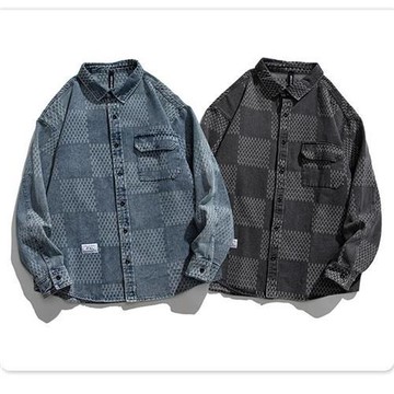 【米蘭精品】襯衫長袖上衣-日系寬鬆格子口袋男上衣2色74ge14